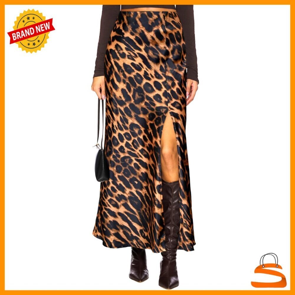 Satin Maxi Skirt High Waisted Side Slit Hidden Elastic Waistband Leopard Print